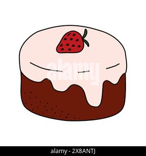 Gâteau éponge au chocolat enduit de crème, décoré de fraise, illustration vectorielle de style doodle Illustration de Vecteur