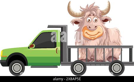 Dessin animé yak souriant dans un camion à plateau vert Illustration de Vecteur