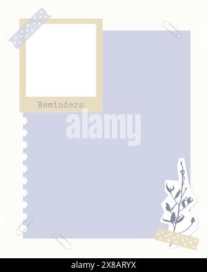 Mise en page de scrapbooking magnifiquement agencée avec des couches de papier de couleur pastel dans des tons violets et beiges, ornée d'une brindille botanique et d'un esprit sécurisé Illustration de Vecteur
