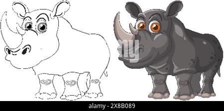 Adorable rhinocéros en versions couleur et contour Illustration de Vecteur