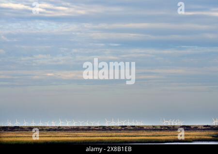 rangée d'éoliennes en mer du nord vue au-dessus des marais de blakeney norfolk angleterre Banque D'Images