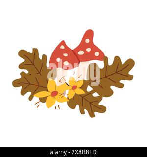 Automne automne automne Fall Thanksgiving feuilles composition pour la décoration, des éléments de cartes de voeux de vacances avec des champignons et des fleurs Illustration de Vecteur