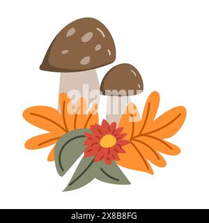 Automne automne automne Fall Thanksgiving feuilles composition pour la décoration, des éléments de cartes de voeux de vacances avec des champignons et des fleurs Illustration de Vecteur