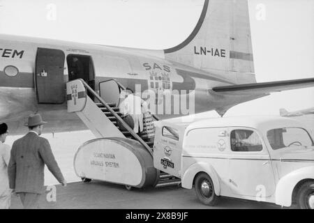 Réel 08- 1948 : la future route sur la mer. Un vol avec Scandianvian Airlines (SAS) de Copenhague à New York. La nourriture et les derniers journaux sont mis en place dans la passerelle. La nourriture est préparée sur des plateaux spéciaux. Lorsqu'elle doit être servie, la pièce à chauffer passe par une armoire chauffante avant d'être présentée aux passagers. Photo : Per Bratland / Aktuell / NTB ***la photo n'est pas traitée*** le texte de cette image est traduit automatiquement Banque D'Images