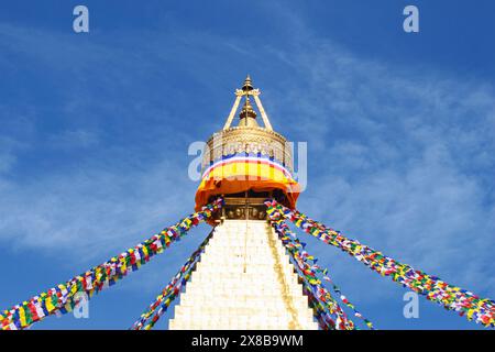 Vue de dessus de Boudhanath Stupa, Grand Stupa, il a été construit en 600, lorsque le roi tibétain, Songtsen Gampo, converti au bouddhisme, Katmandou, Népal. Banque D'Images