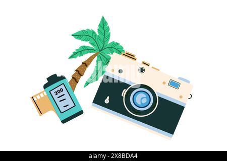 Éléments de voyage de vacances d'été sur fond bleu. Concept Resort on Beach. Accessoires pour appareil photo et protection. Illustration de Vecteur