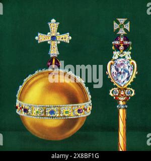 L'Orbe et le Sceptre du souverain avec Croix, 1953. L'Orbe est une représentation du pouvoir du souverain. Il symbolise le monde chrétien avec sa croix montée sur un globe. Le Sceptre du souverain avec croix est l'un des deux sceptres en or fabriqués en 1661 dans le cadre du couronnement du Royaume-Uni. En 1910, il a été redessiné pour incorporer Cullinan I, également connu sous le nom de Grande étoile de l'Afrique, qui est le plus grand diamant taillé à blanc au monde. Les deux font partie de la Coronation Regalia du Royaume-Uni. Banque D'Images