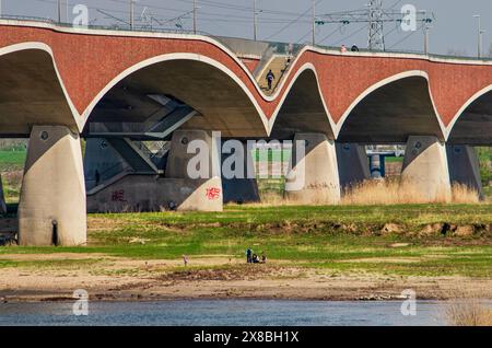 Nimègue, pays-Bas, 31 mars 2024 : les élégantes courbes en béton et en briques du pont de Oversteek (le Crossing) au-dessus des plaines inondables de la Wa Banque D'Images