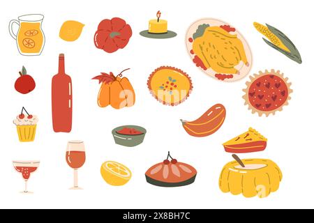 Éléments d'action de grâce automne/automne avec icônes de récolte. Collection de feuilles d'automne, autocollants de ferme, personnages animaux et dinde, cornucopia. dra main Illustration de Vecteur