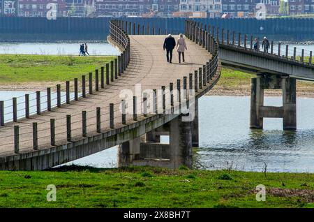 Nimègue, pays-Bas, 31 mars 2024 : les courbes élégantes du Zaligebrug ('le pont Blissfull') traversant un canal latéral de la rivière Waal Banque D'Images