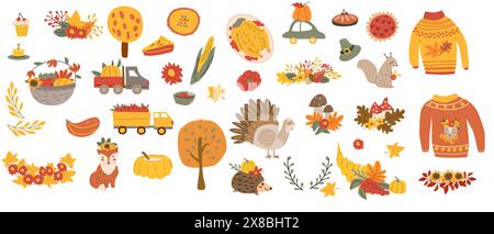 Éléments d'action de grâce automne/automne avec icônes de récolte. Collection de feuilles d'automne, autocollants de ferme, personnages animaux et dinde, cornucopia. dra main Illustration de Vecteur