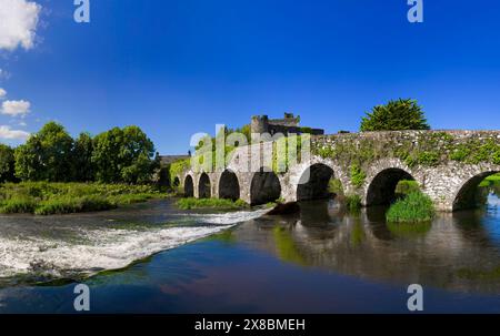 Au milieu du XVIIe siècle, Glanworth Bridge sur la rivière Funshion, dans le comté de Cork, en Irlande, surplombé par le château de Glanworth du XIIIe siècle. Banque D'Images
