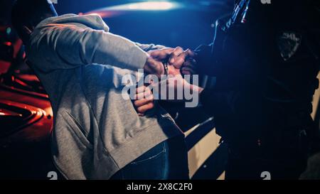 Policier masculin forçant un civil conforme sur le capot de la voiture de police. Officier poussant violemment l'homme contre la voiture et le menottant. Cas choquant de brutalité policière. Gros plan sur les mains Banque D'Images