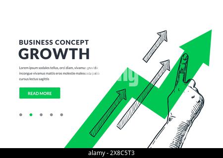 Main avec le doigt pointant sur fond de flèche verte croissante. Illustration d'esquisse vectorielle dessinée à la main. Développement, investissement, affaires de croissance financière Illustration de Vecteur