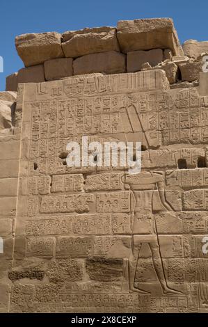 Bas-relief du dieu Amon avec Hieroglyiphics, Temple de Karnak, Louxor, Egypte Banque D'Images