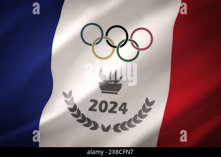 Fond sportif conceptuel des Jeux Olympiques de Paris avec des dessins représentatifs de bagues de fourrure et de lauriers avec année et fond de drapeau français. Banque D'Images