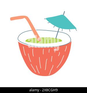 Cocktail à la noix de coco avec paille et parapluie. Illustration de dessin animé plat vectoriel isolé sur blanc. Boisson tropicale d'été colorée dessinée à la main avec Illustration de Vecteur