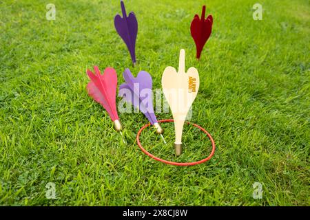 Crown Darts - un jeu de fléchettes de pelouse interdit avec des pointes métalliques Banque D'Images