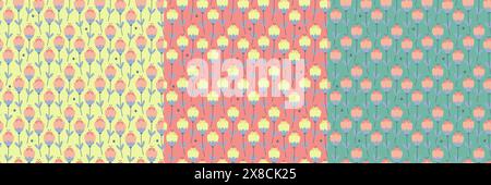 Collection de motifs sans couture de tulipes printanières simples colorées. Vecteur printanier floral avec des abeilles volantes Illustration de Vecteur