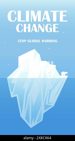 Changement climatique, ours polaire sur modèle flottant de bannière iceberg. Bannière verticale de réchauffement climatique. Journée internationale de l'ours polaire Illustration de Vecteur