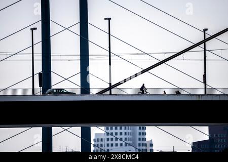 Pont Oberkassler sur le Rhin près de Düsseldorf, devant, derrière le pont Rheinknie, cycliste, NRW, Allemagne, Banque D'Images