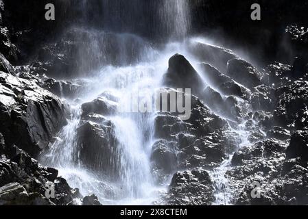 Une cascade dans la chaîne des Pyrénées, sud-ouest de la France, avec un bel effet rétro-éclairé. Banque D'Images