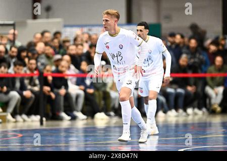 Anvers, Belgique. 24 mai 2024. Jasper Buyl de FT Antwerpen photographié lors d'un match de football de futsal entre FT Antwerpen et Sporting Anderlecht, le premier match de la finale Play-Off de la saison 2023-2024 de la première division belge, vendredi 24 mai 2024 à Anvers, Belgique . Crédit : Sportpix/Alamy Live News Banque D'Images