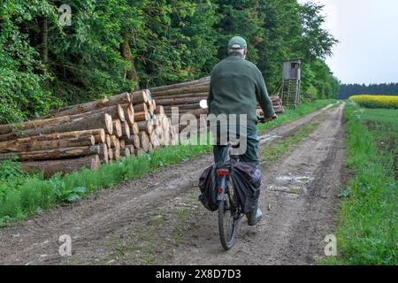 Un aîné actif fait du vélo le long d'un chemin boueux qui passe devant des bois et des champs. Des tas de bûches se trouvent près de la forêt, avec un stand de chasse à proximité. Banque D'Images