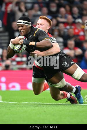 Tottenham Hotspur Stadium, Londres, Royaume-Uni. 24 mai 2024. Finale de l'European Challenge Cup Rugby, Gloucester contre Hollywoodbet Sharks ; Phepsi Buthelezi de Hollywoodbet Sharks marque un essai sous la pression de Caolan Englefield de Gloucester en 27e minute pour 8-3 à Sharks Credit : action plus Sports/Alamy Live News Banque D'Images