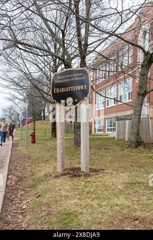 Bienvenue au panneau historique de Charlottetown à Charlottetown, Île-du-Prince-Édouard, Canada Banque D'Images