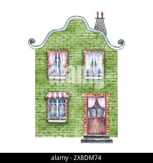 Une vieille maison européenne, une fabuleuse, mignonne, maison verte de deux étages dans un style vintage. L'illustration aquarelle est dessinée à la main. Isoler. Pour imprimer, enfant Banque D'Images