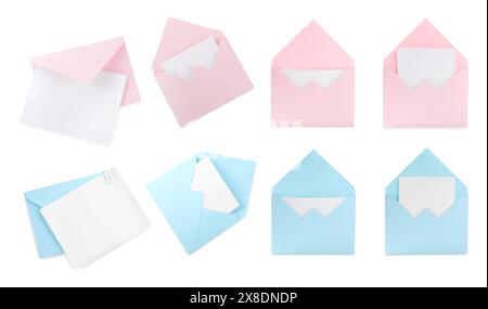 Ensemble d'enveloppes de lettre avec cartes isolé sur blanc, vue de dessus Banque D'Images