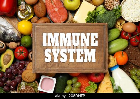 Système immunitaire boostant avec une nutrition appropriée. Différents aliments et planche, pose à plat Banque D'Images