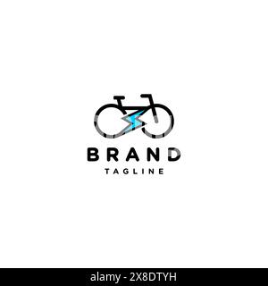 Design de logo de vélo électrique ludique. Icône de logo de modèle de vélo avec un symbole électrique entre les deux roues. Illustration de Vecteur