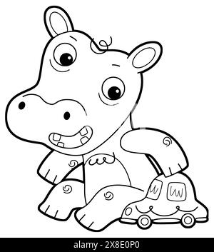 scène de dessin animé avec hippopotame jeune hippopotame heureux et drôle comme enfant de maternelle ou enfant s'amusant dessin d'illustration de fond isolé Banque D'Images