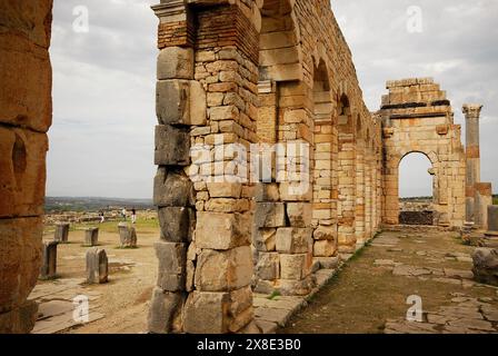 Vieille ville romaine de Volubilis, près de Meknès, Maroc Banque D'Images