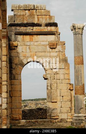 Vieille ville romaine de Volubilis, près de Meknès, Maroc Banque D'Images