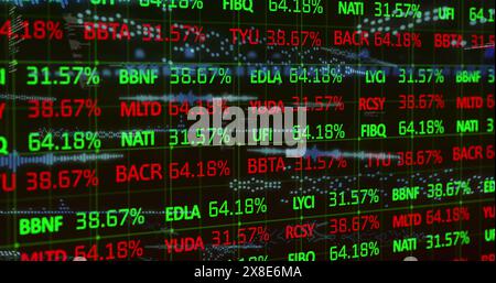 Cette image montre les données de marché boursier rouge et vert roulant et traitées sur une grille Banque D'Images