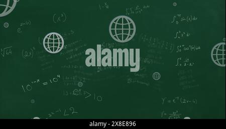 Image d'équations mathématiques et d'icônes de globe Web flottant sur fond vert Banque D'Images