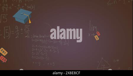 Image d'équations mathématiques et d'icônes de concept d'école flottant sur fond dégradé Banque D'Images