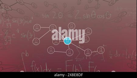 Image d'équations mathématiques et réseau d'icônes de profil sur fond dégradé rose Banque D'Images