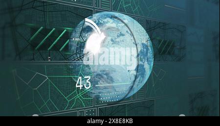 Image de numéros changeants, carte, cercle de chargement et motif de navigation contre le globe Banque D'Images