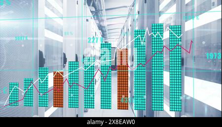 Illustration de plusieurs graphiques avec des chiffres et des symboles monétaires changeants sur la salle des serveurs Banque D'Images