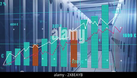 Illustration de plusieurs graphiques avec des chiffres et des signes monétaires changeants au-dessus de la salle des serveurs Banque D'Images