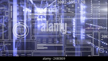 Illustration des écrans hud avec des nombres changeants, des graphiques, des barres de chargement, des cercles au-dessus de la salle des serveurs Banque D'Images