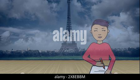 Femme en chemise rouge tenant un stylo et du papier, debout devant la Tour Eiffel Banque D'Images