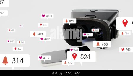 Casque VR noir enveloppé par des icônes flottantes de médias sociaux et des notifications Banque D'Images
