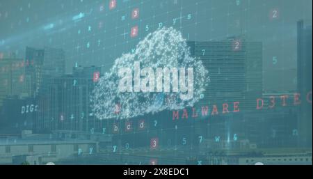 Cityscape recouvert de graphiques numériques montrant le texte DÉTECTÉ dans le nuage et les LOGICIELS MALVEILLANTS Banque D'Images