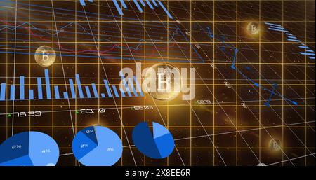 Image des statistiques avec bitcoins et traitement des données sur grille Banque D'Images