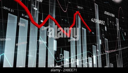 Image d'un graphique descendant sur des nombres croissants et de plusieurs graphiques sur fond noir Banque D'Images
